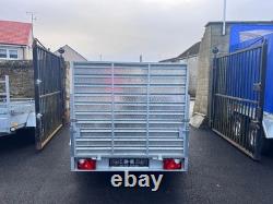 Brand New 10ft X 5ft Twin Axle Trailer With 40cm Mesh And Ramp 750kg Un Braked