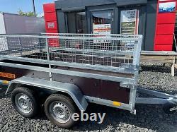 Brand New 8.2ft X4.4ft Twin Axle Trailer With Wooden Sides And 40cm Mesh 750kg