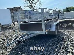 Brand New 8.2ft X4.4ft Twin Axle Trailer With Wooden Sides And 40cm Mesh 750kg
