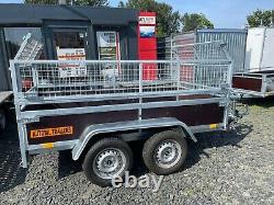 Brand New 8.2ft X4.4ft Twin Axle Trailer With Wooden Sides And 40cm Mesh 750kg