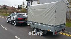 Brand New Drop Sides Car Trailer 8,7ftx 4,7ft Twin Axle 1300kg + Canvas Cover