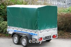 CAR TRAILER 8,7ft x 4ft TWIN AXLE AL-KO CANVAS COVER BOX TRAILER 750KG BRAND NEW