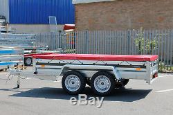 CAR TRAILER twin axle 263x125cm UNBRAKED 750kg 8.8x4.2ft FLAT COVER CANVAS RED