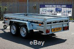 CAR TRAILER twin axle 263x125cm UNBRAKED 750kg 8.8x4.2ft FLAT COVER CANVAS RED