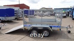 Car Trailer 8.7ft X 4ft 750kg Twin Axle Flatbed 800mm Cage Mesh Tail Ramp