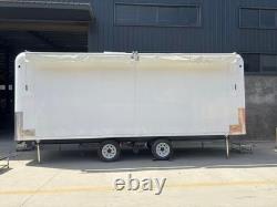 White Twin Axle Mobile Stage Trailer Fold-Down Platform Awning Timber Interior