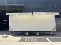 White Twin Axle Mobile Stage Trailer Fold-Down Platform Awning Timber Interior
