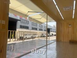 White Twin Axle Mobile Stage Trailer Fold-Down Platform Awning Timber Interior