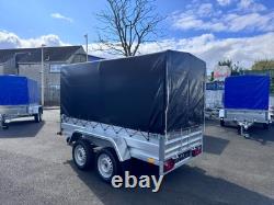 REMORQUE NEUVE DE 2,65 m x 1,30 m À DEUX ESSIEUX AVEC COUVERTURE DE CADRE DE 150 CM ET RAMPE