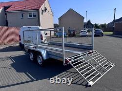 Remorque neuve à double essieu de 10 pieds x 5,6 pieds avec rehausses grillagées de 60 cm et rampe, freinée, 1 500 kg