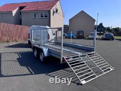 Remorque neuve à double essieu de 10 pieds x 5,6 pieds avec rehausses grillagées de 60 cm et rampe, freinée, 1 500 kg